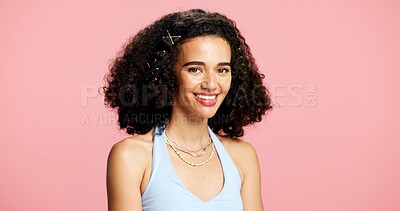Buy stock photo Portrait, woman and makeup for beauty in studio with hairstyle, natural glow and makeover. Mockup space, gen z and person with curly hair, cosmetology and facial shine of aesthetic on pink background
