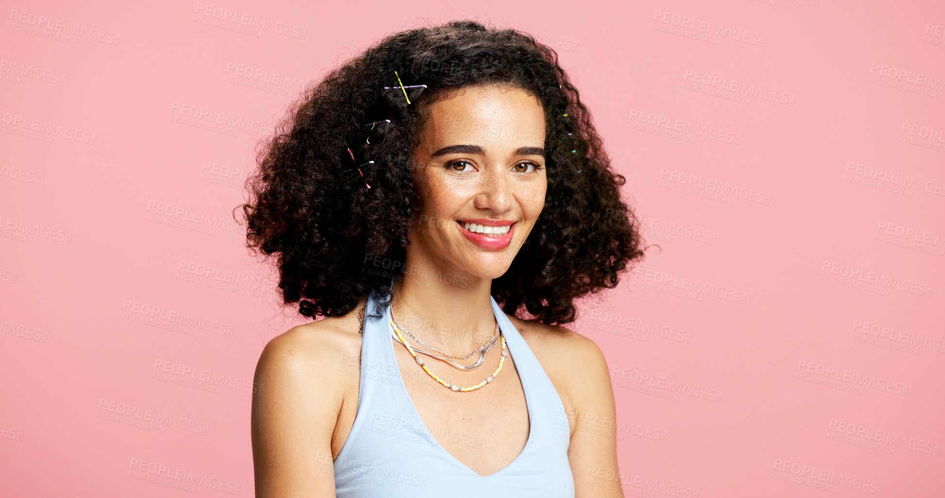 Buy stock photo Portrait, woman and makeup for beauty in studio with hairstyle, natural glow and makeover. Mockup space, gen z and person with curly hair, cosmetology and facial shine of aesthetic on pink background