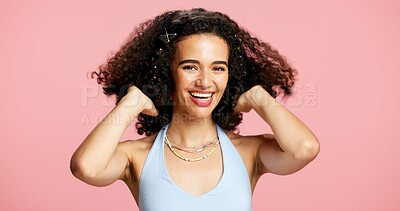 Buy stock photo Portrait, happy woman or grooming in studio with curls for growth treatment, healthy shine or texture. Female person, smile or pride for natural hair, wellness and beauty cosmetic on pink background.
