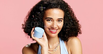 Buy stock photo Beauty, container and portrait of happy woman in studio for cream or lotion recommendation. Moisturizer, skincare and smile of model person isolated on pink background for cosmetic product marketing