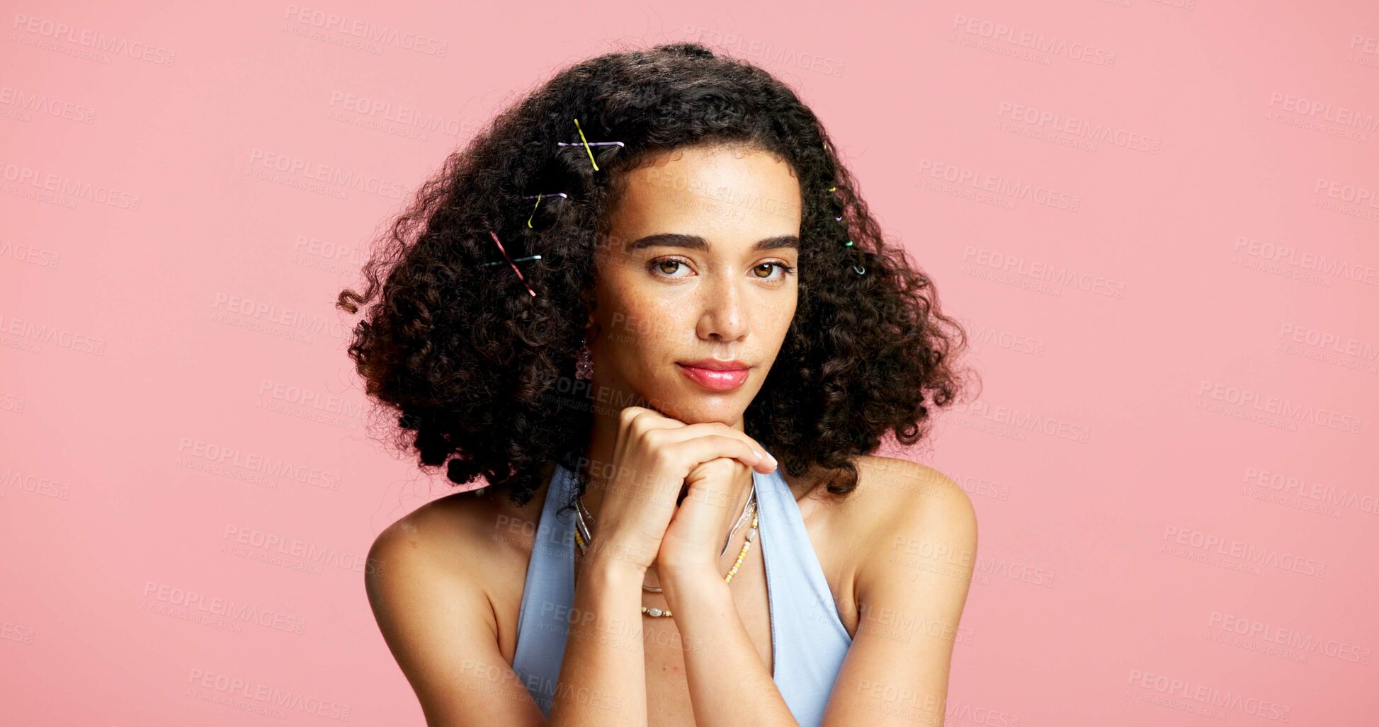 Buy stock photo Portrait, woman and confident for beauty in studio with cosmetics, natural glow and makeover. Space, gen z and female person with makeup, cosmetology and facial shine for aesthetic on pink background