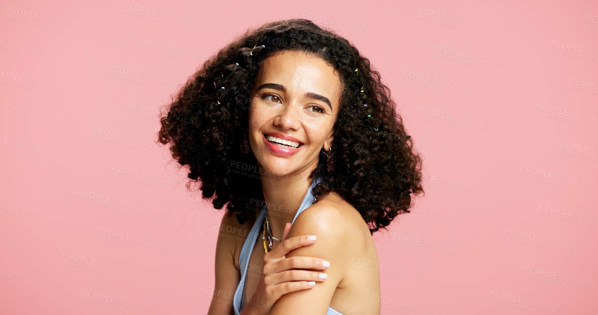 Buy stock photo Thinking, woman and smile for beauty in studio with cosmetics, natural glow and makeover. Thoughts, gen z and female person with makeup, healthy skin and facial shine for aesthetic on pink background