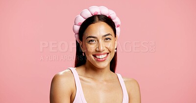 Buy stock photo Skincare, happy and portrait of woman in studio for facial, collagen benefits and self care. Dermatology, aesthetic and glow with person on pink background space for hydration, shine and beauty