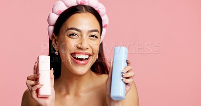 Buy stock photo Portrait, skincare product or woman with headband in studio, beauty treatment or self care for wellness. Healthy glow, facial toner or person with dermatology bottles, mockup space or pink background