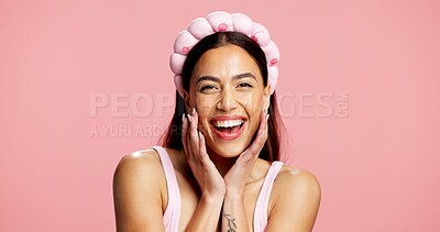 Buy stock photo Skincare, smile and portrait of woman in studio for facial, collagen benefits and self care. Dermatology, aesthetic and glow with person on pink background space for hydration, shine and beauty