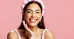 Skincare, smile and beauty with portrait of woman in studio for facial, collagen benefits and self care. Dermatology, aesthetic and glow with person on pink background space for hydration and shine