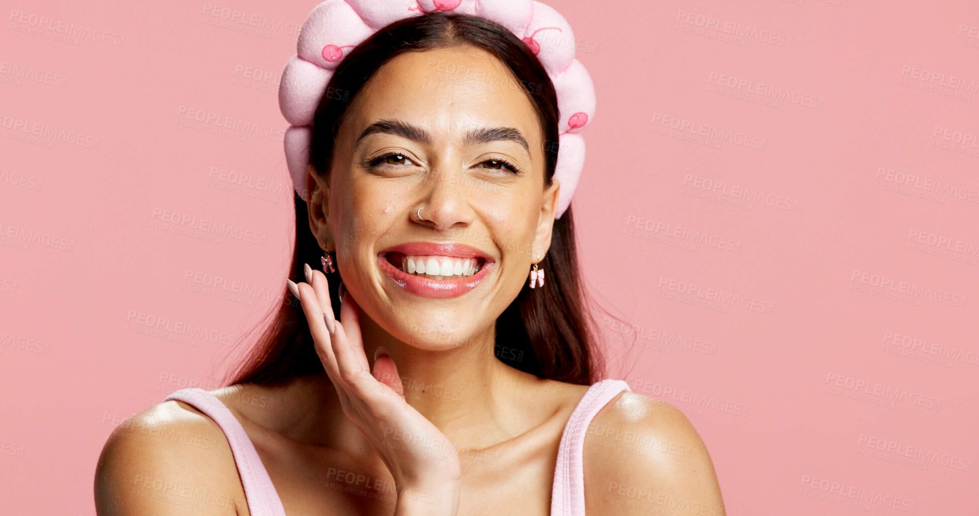 Buy stock photo Skincare, smile and beauty with portrait of woman in studio for facial, collagen benefits and self care. Dermatology, aesthetic and glow with person on pink background space for hydration and shine