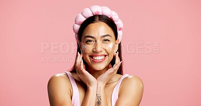Buy stock photo Happy, skincare and portrait of  woman with face cream in studio with beauty, facial routine or wellness. Cosmetics, hydration and person with dermatology lotion, spf or sunscreen by pink background.