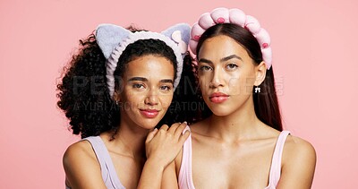 Buy stock photo Beauty, skincare and portrait of women in studio for natural, bonding or cosmetic for wellness. Face, support and female people with dermatology for facial glow or hydration by pink background.