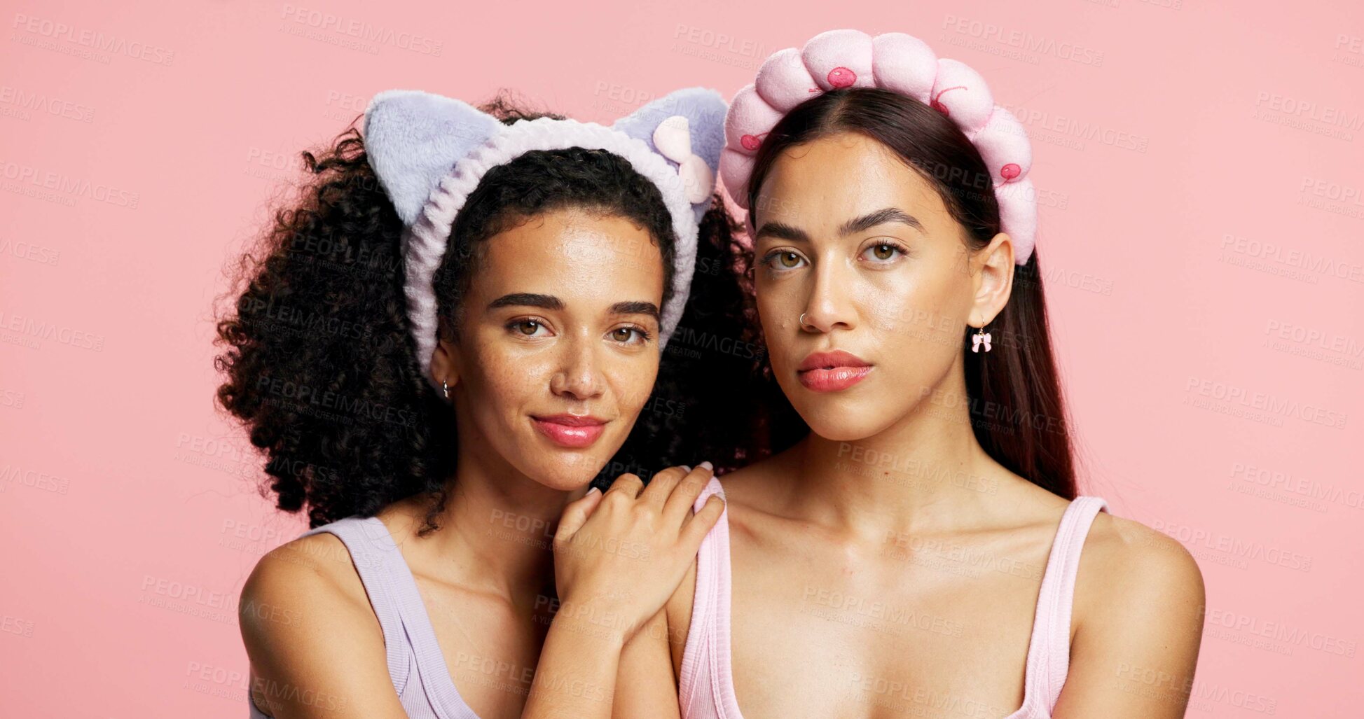 Buy stock photo Beauty, skincare and portrait of women in studio for natural, bonding or cosmetic for wellness. Face, support and female people with dermatology for facial glow or hydration by pink background.