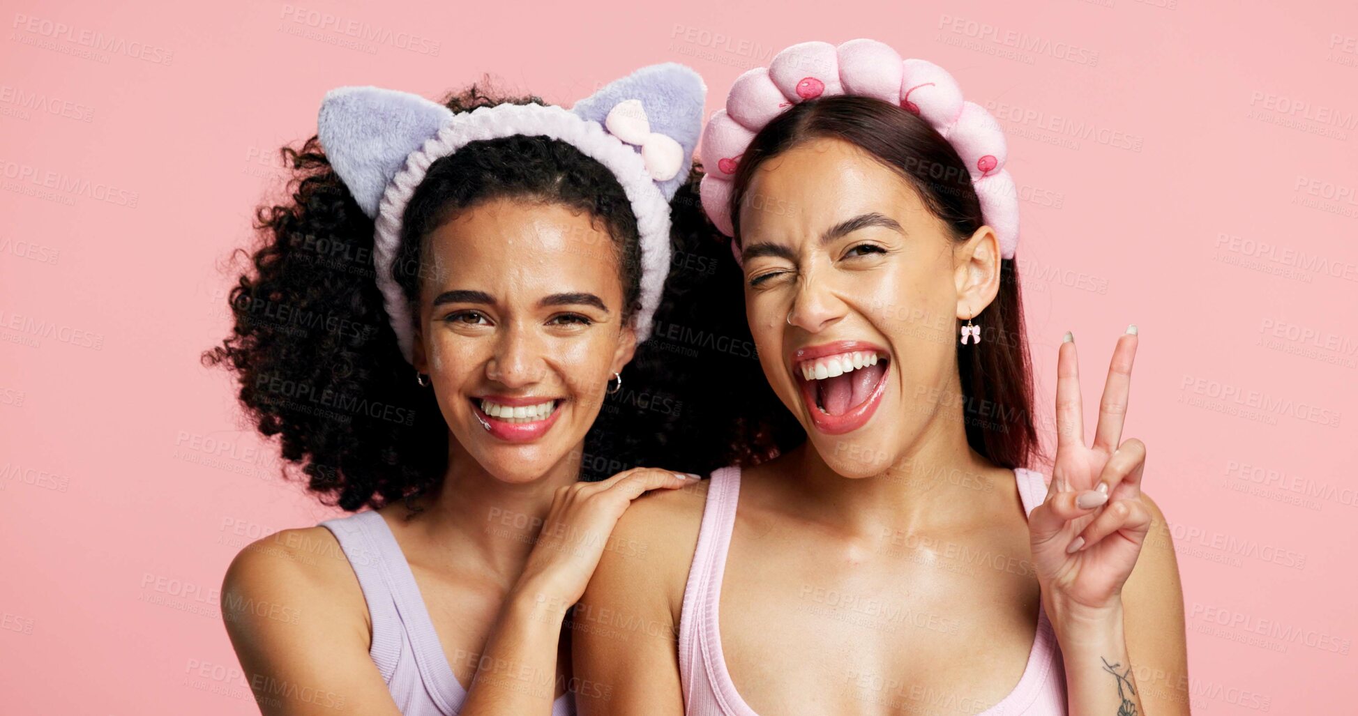 Buy stock photo Peace sign, skincare and portrait of girl friends in studio for natural, beauty or cosmetics for wellness. Happy, support and people with dermatology for facial glow or hydration by pink background.