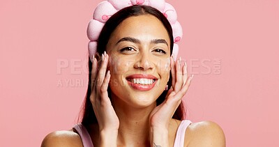 Buy stock photo Portrait, woman and sunscreen for beauty in studio for hydration, healthy skin and collagen. Smile, person and lotion for skincare, smooth textures and sunblock treatment for shine on pink background