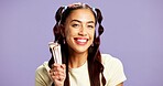 Makeup brush, smile and portrait of woman in studio for foundation, beauty treatment or glow. Happy, cosmetology and gen z with person on purple background space for self care, cosmetics and shine