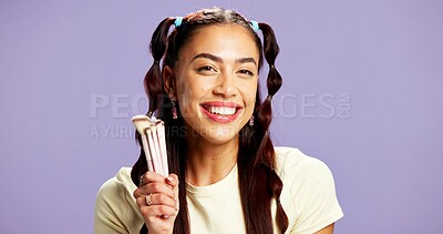 Buy stock photo Makeup brush, smile and portrait of woman in studio for foundation, beauty treatment or glow. Happy, cosmetology and gen z with person on purple background space for self care, cosmetics and shine