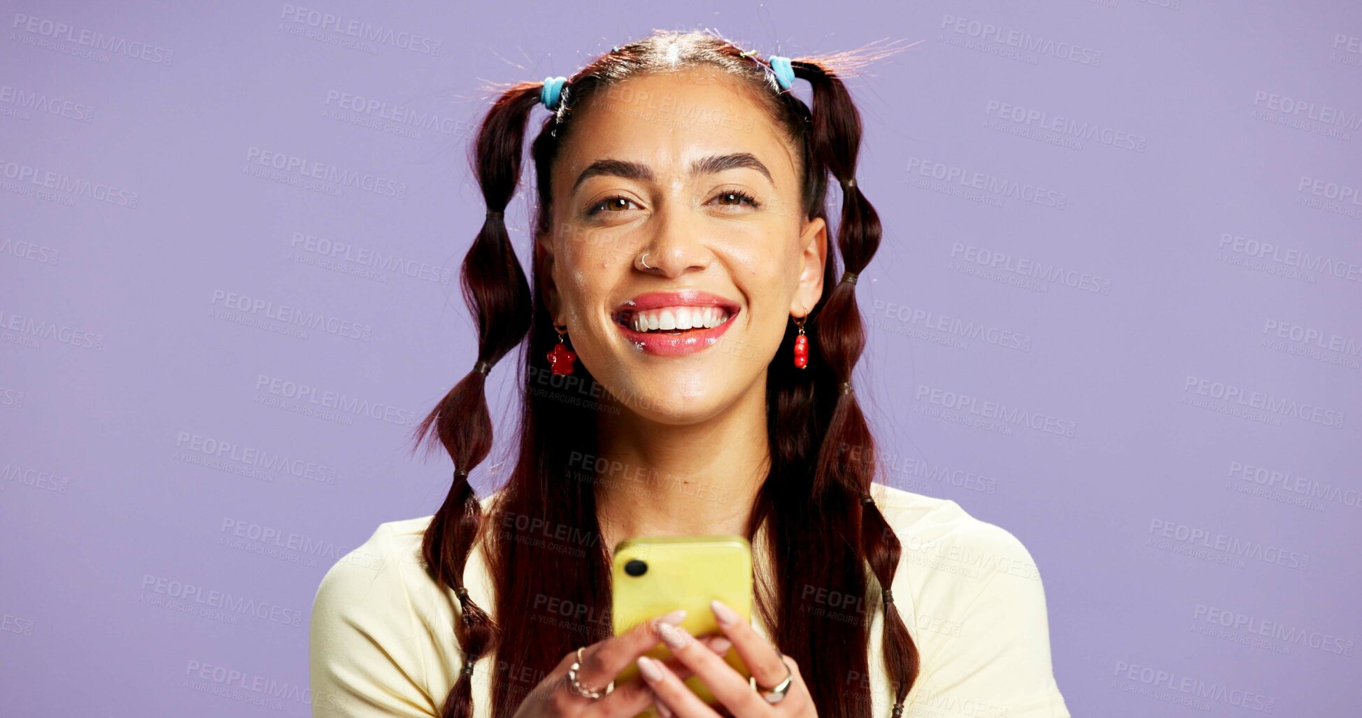 Buy stock photo Fashion, portrait or woman in studio with phone, app browse or internet search for styling tips. Digital, smile or girl on purple background with tech, gen z or blog inspiration for trendy aesthetic.
