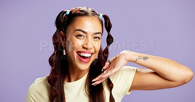 Buy stock photo Beauty, portrait and smile of woman in studio for cosmetics, dermatology or skincare excitement. Aesthetic, gen z and hairstyle with happy model isolated on purple background for satisfaction