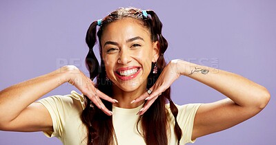 Buy stock photo Beauty, gen z and portrait of woman in studio for cosmetics, dermatology or skincare excitement. Aesthetic, hairstyle and smile with happy model isolated on purple background for satisfaction