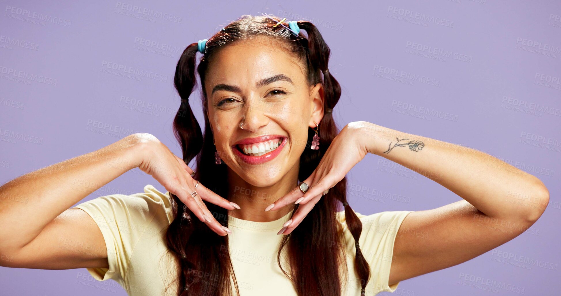 Buy stock photo Beauty, gen z and portrait of woman in studio for cosmetics, dermatology or skincare excitement. Aesthetic, hairstyle and smile with happy model isolated on purple background for satisfaction