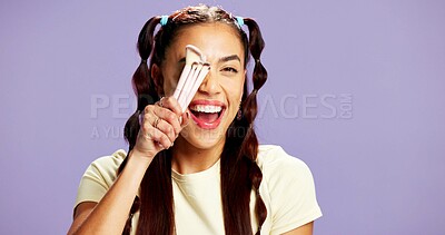 Buy stock photo Makeup, brush and happy with portrait of woman in studio for foundation, beauty treatment or glow. Happiness, cosmetology and gen z with person on purple background space for self care and cosmetics 