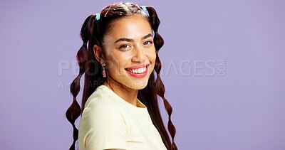 Buy stock photo Beauty, portrait and smile of woman in studio for gen z cosmetics, dermatology or skincare. Aesthetic, excited and hairstyle with happy model person isolated on purple background for satisfaction