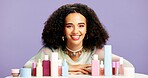 Skincare, portrait and product with woman in studio for makeup, beauty treatment or glow. Happiness, cosmetology and gen z with person on purple background space for self care, cosmetics and shine