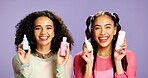 Product, beauty and portrait of friends in studio for cosmetics, skincare and aesthetic glow. Bonding, gen z connection and cosmetology with women on purple background for self care, shine and facial