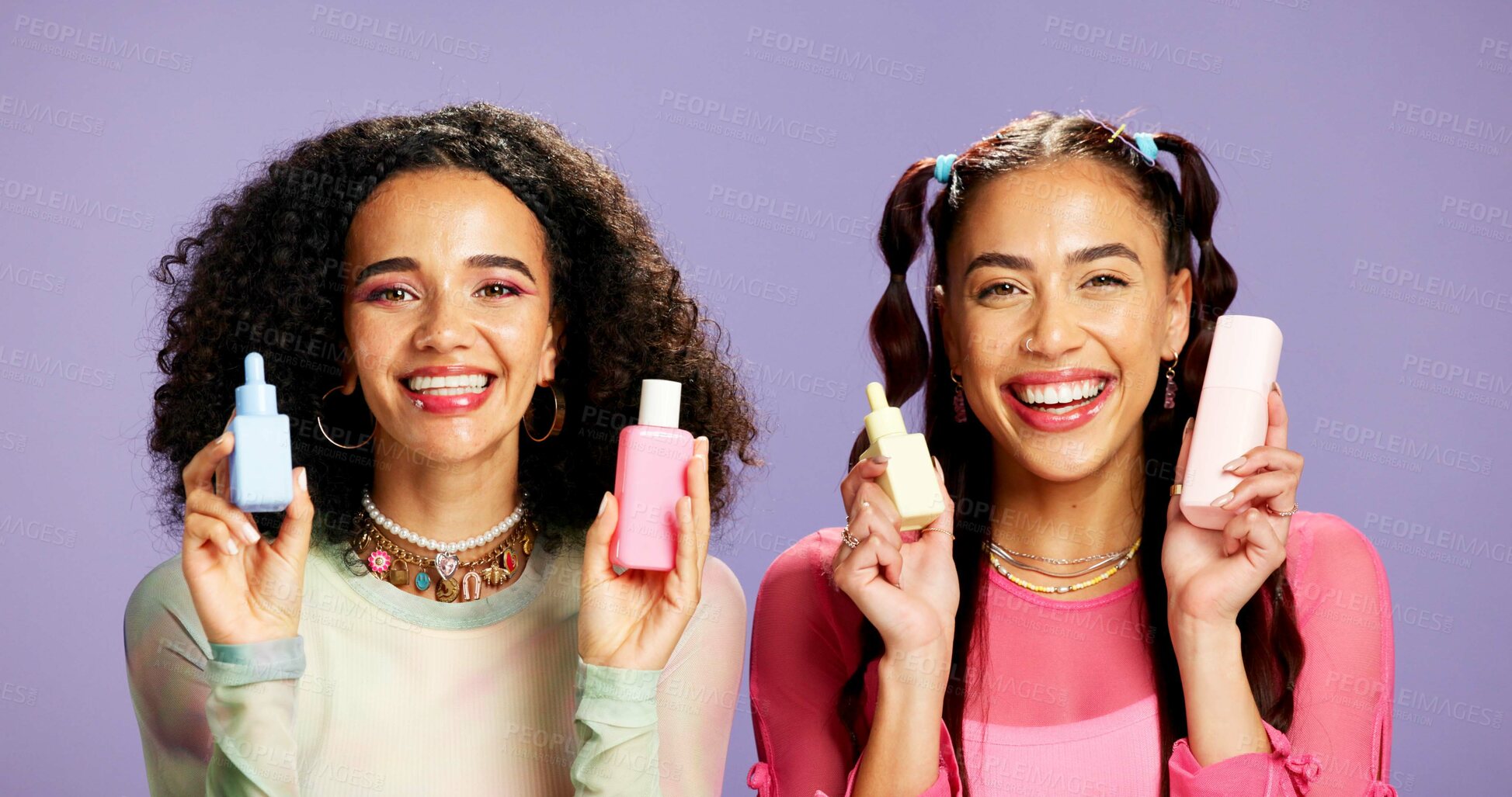 Buy stock photo Product, beauty and portrait of friends in studio for cosmetics, skincare and aesthetic glow. Bonding, gen z connection and cosmetology with women on purple background for self care, shine and facial