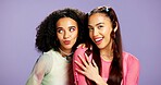 Happy, beauty and portrait of friends in studio for support, skincare and aesthetic glow. Bonding, gen z connection and cosmetology with women on purple background for self care, shine and glow