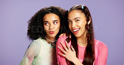 Buy stock photo Happy, beauty and portrait of friends in studio for support, skincare and aesthetic glow. Bonding, gen z connection and cosmetology with women on purple background for self care, shine and smile