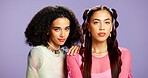 Fashion, friends and women with makeup in studio for gen z aesthetic, beauty and facial makeover. Portrait, girls together and cosmetics, retro style and accessories with change on purple background
