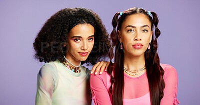 Buy stock photo Fashion, friends and women with makeup in studio for gen z aesthetic, beauty and facial makeover. Portrait, girls together and cosmetics, retro style and accessories with change on purple background