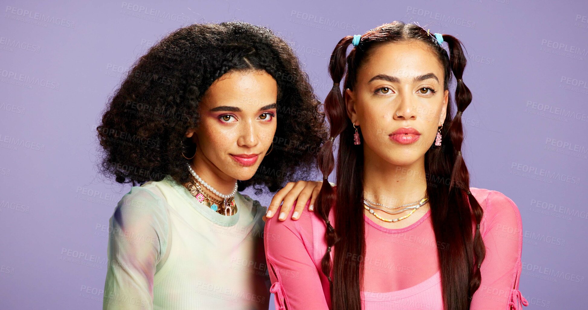 Buy stock photo Fashion, friends and women with makeup in studio for gen z aesthetic, beauty and facial makeover. Portrait, girls together and cosmetics, retro style and accessories with change on purple background