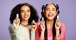 Lipgloss, beauty and portrait of friends in studio for cosmetics, skincare and makeup. Bonding, gen z connection and cosmetology with women on purple background for self care, shine and glow