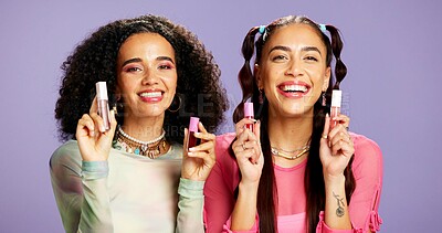 Buy stock photo Lipgloss, beauty and portrait of friends in studio for cosmetics, skincare and makeup. Bonding, gen z connection and cosmetology with women on purple background for self care, shine and glow
