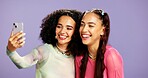 Gen z, selfie and friends in studio with makeup, self care and facial cosmetology together. Smile, love and women with beauty for social media, post and laugh for bonding by purple background