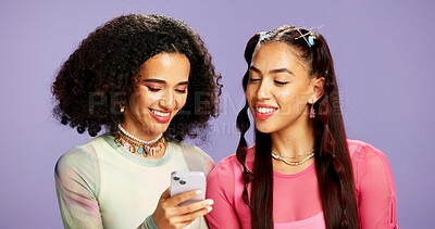 Buy stock photo Smartphone, friends and women in studio, internet and smile with email on purple background. Gen z, mobile user or people with cellphone, network and digital app for communication and online chatting