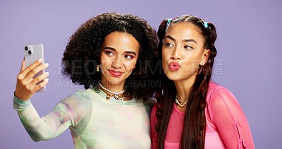 Buy stock photo Gen z, selfie and friends in studio with pout, makeup and facial cosmetology together. Smile, love and women with beauty for social media, online post and cosmetics for bonding by purple background