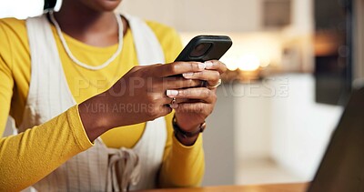 Buy stock photo Hands, phone and texting in home, web chat or check notification for contact on mobile network. Person, smartphone and scroll on application, communication and post on social media at apartment