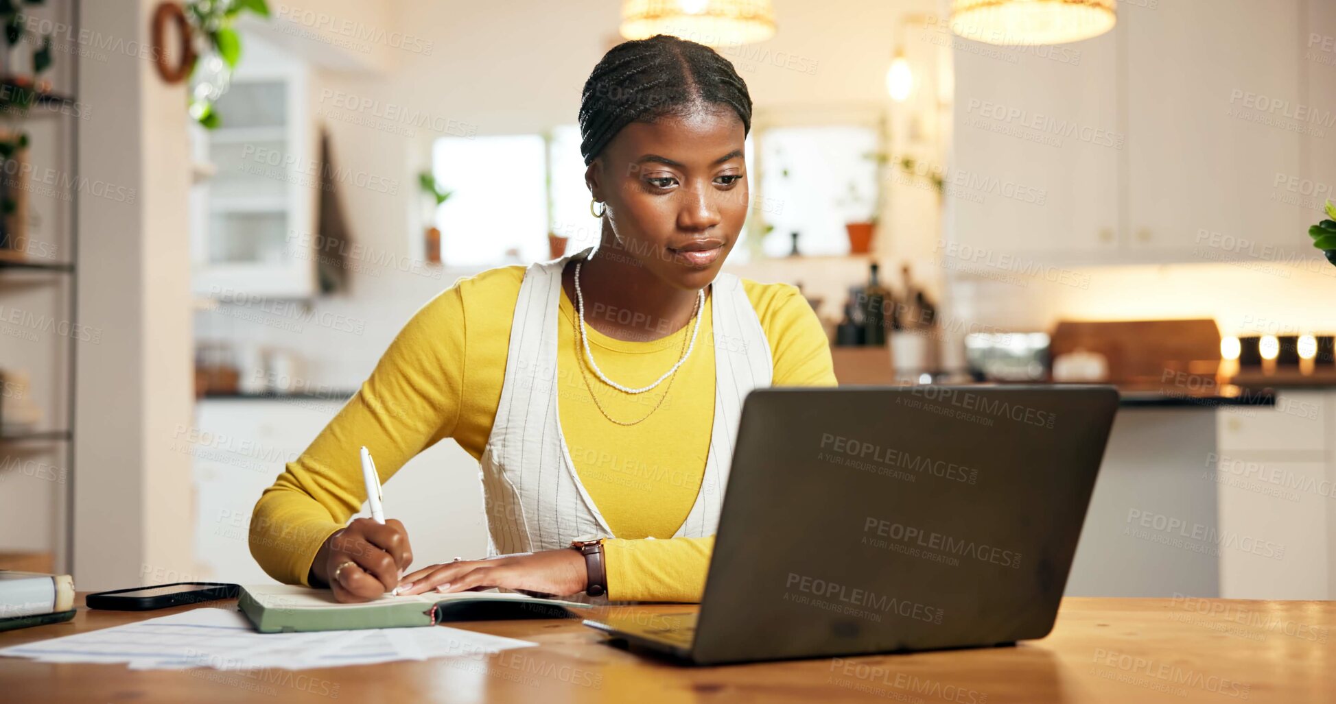 Buy stock photo Finance, balance sheet or black woman in house with laptop, budget or writing for home asset management. Notes, tax compliance and girl at table with tech, bills or bookkeeping in invoice receipt.