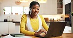 Laptop, remote work and black woman in kitchen for budget, savings and asset management. Computer, home and happy freelance accountant with financial review, typing email and bookkeeping report
