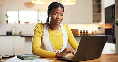 Buy stock photo Laptop, remote work and black woman in kitchen for budget, savings and asset management. Computer, home and happy freelance accountant with financial review, typing email and bookkeeping report