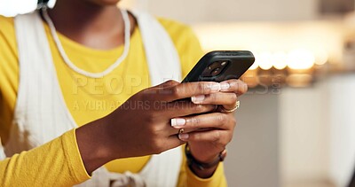 Buy stock photo Hands, smartphone and texting in home, web chat or check notification for contact on mobile network. Person, phone and scroll on application, communication and post on social media at apartment