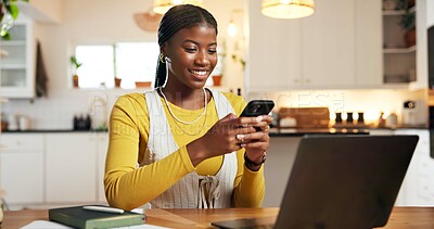 Buy stock photo Woman, phone and student with texting in home, smile and funny meme on study break with online course. African person, smartphone and scroll on mobile app, education and social media at apartment