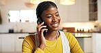 Smile, black woman and student with phone call at house for discussion, study schedule and feedback. Female person, mobile and contact college for enrolment, education consultation and admission chat