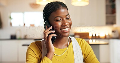 Buy stock photo Smile, black woman and student with phone call at house for discussion, study schedule and feedback. Female person, mobile and contact college for enrolment, education consultation and admission chat
