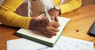 Buy stock photo Top view, balance sheet or hands in house with note, budget or review in home asset management. Finance, tax compliance and black woman at table with writing, bill or bookkeeping in invoice receipt.