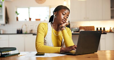 Buy stock photo Burnout, laptop and remote work with black woman in home office for small business fatigue. Computer, tired and typing with bored African freelancer in apartment for frustration as entrepreneur