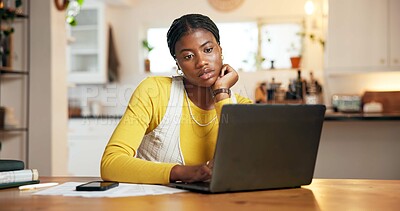 Buy stock photo Laptop, remote work and thinking with black woman at desk in home for startup planning or research. Computer, reading and small business with African freelancer in apartment for report or review