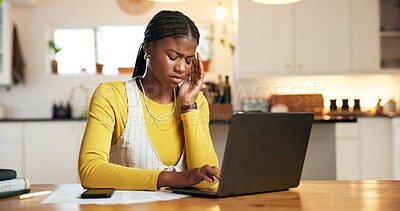 Buy stock photo Black woman, laptop and headache with remote work from home, stress and frustrated with pain. African person, freelance writer and migraine with computer, burnout and exhausted with fatigue at house