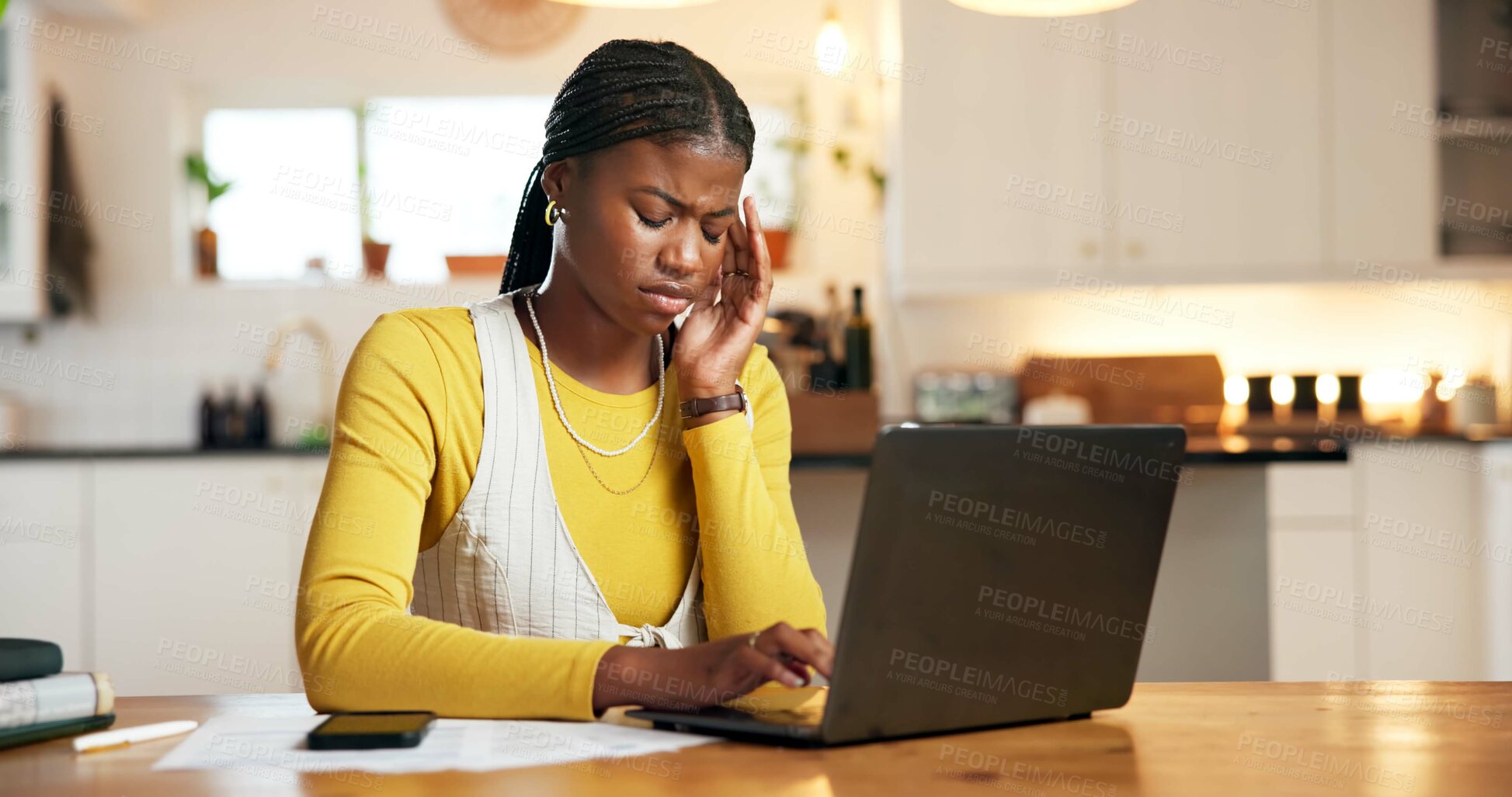 Buy stock photo Black woman, laptop and headache with remote work from home, stress and frustrated with pain. African person, freelance writer and migraine with computer, burnout and exhausted with fatigue at house